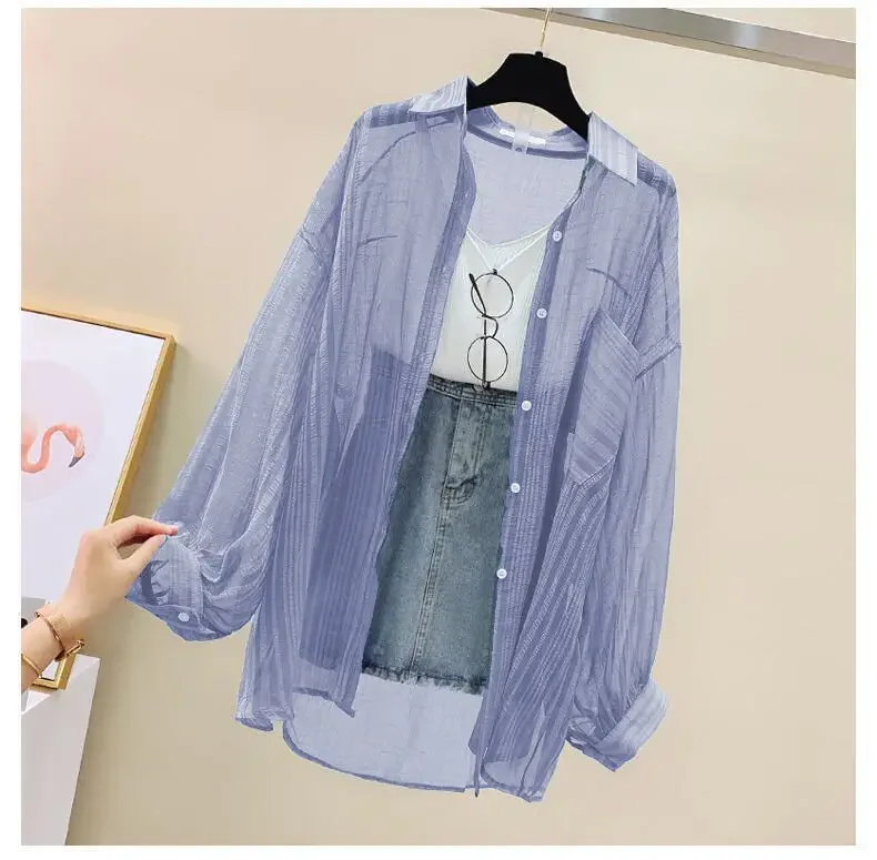 Women Elegant Long Sleeve Perspective Sheer Sunscreen Chiffon Blouse Korean Fashion Loose Shirt Women Summer Beach Cardigans