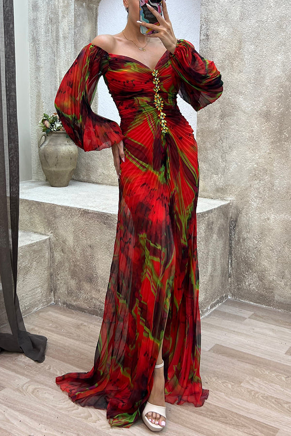 Sunset Serenade Printed Off Shoulder Embellished Pleated Slit Maxi Dress