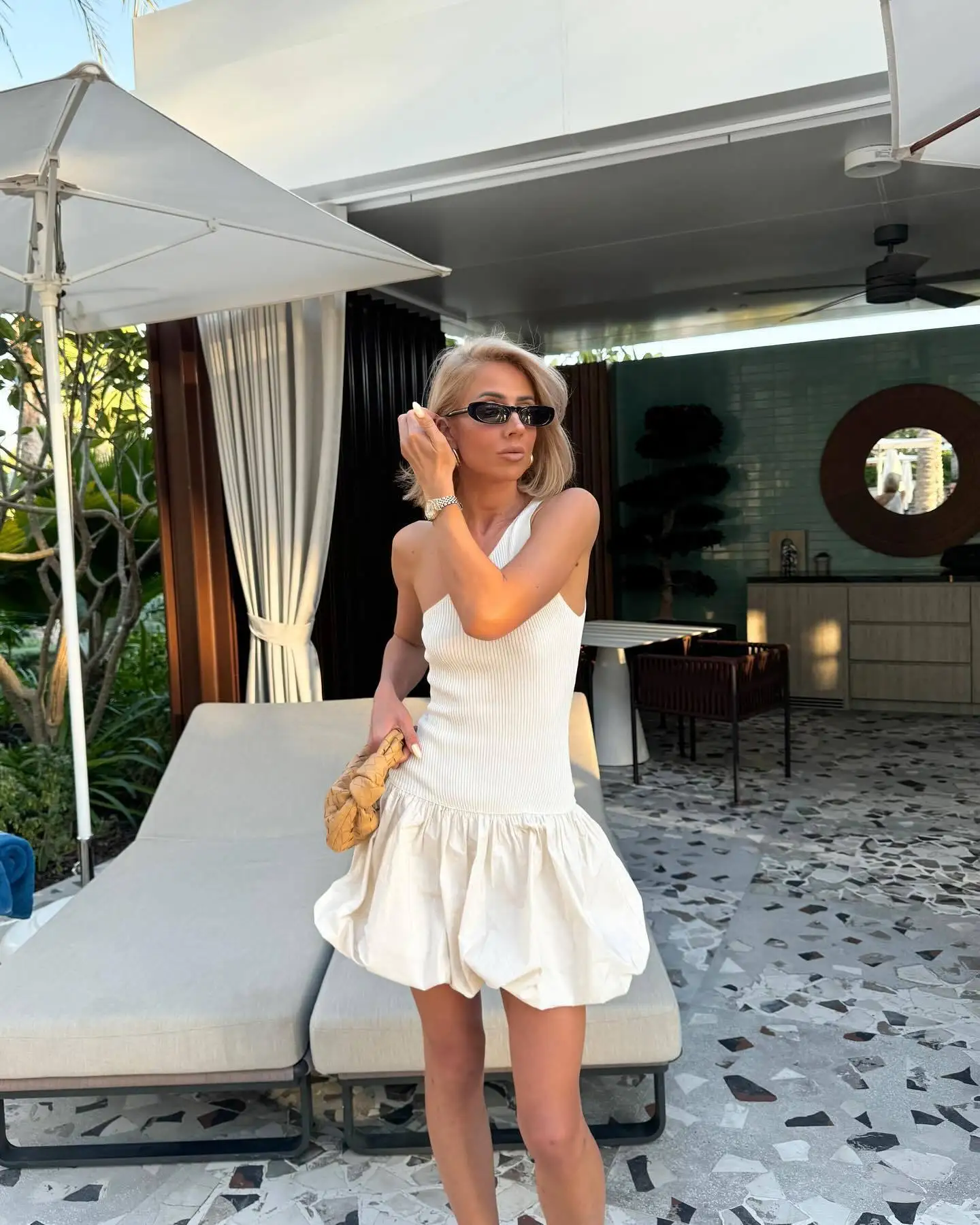 Knitted One Shoulder Short Patchwork Dress Women's Summer Folds Backless Sleeveless Knitwear Ball Gown Princess Mini Dress