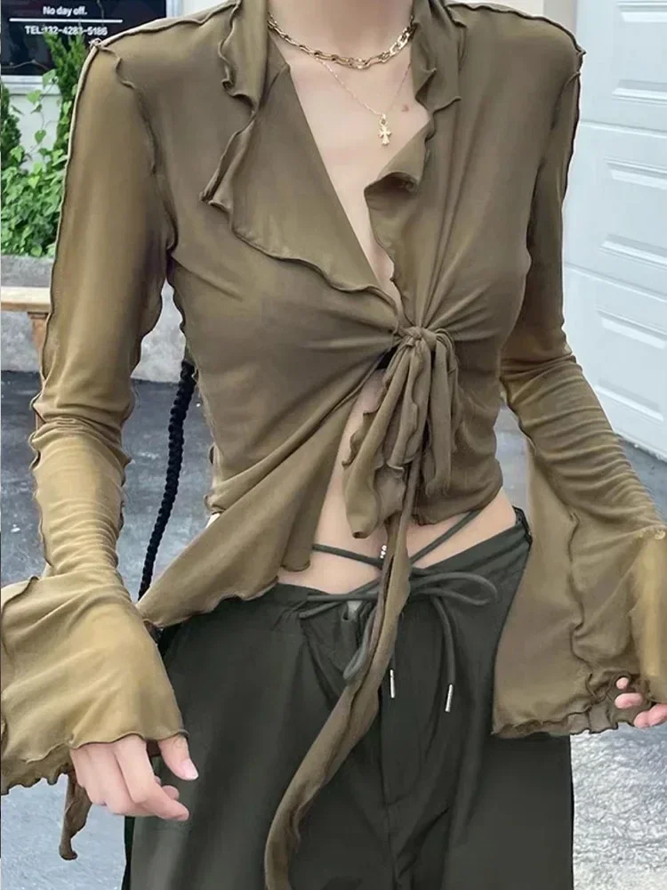 Streetwear Mesh T Shirt Women Fashion Slightly See Through Sexy Crop Tops American Style Beach Female Slim Bandage Tees