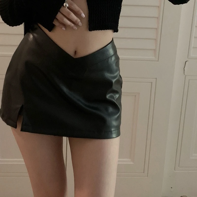 PU Leather Skirt y2k Clothes Women Solid Color Low Waist Side Slit A Line Mini Skirts Club Party Skirt Party Clubwear