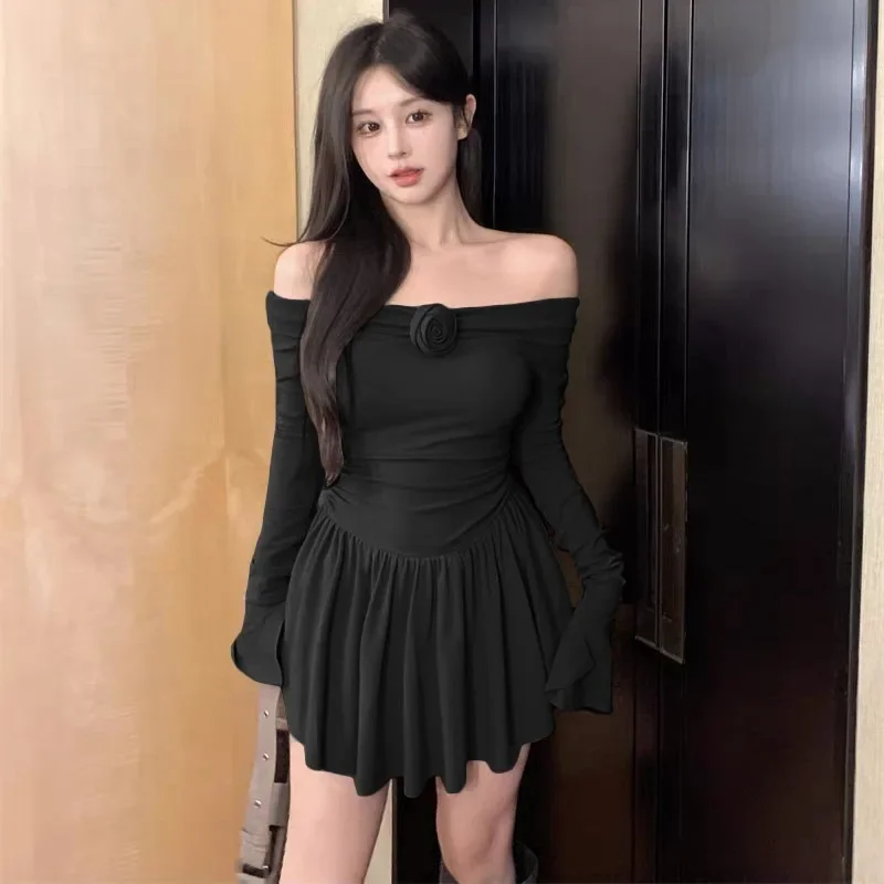 Splice Flower Bodycon Mini Dress For Women Ruffled Folds High Waist Dresses Femme Off Shoulders Casual Slim Dress Woman