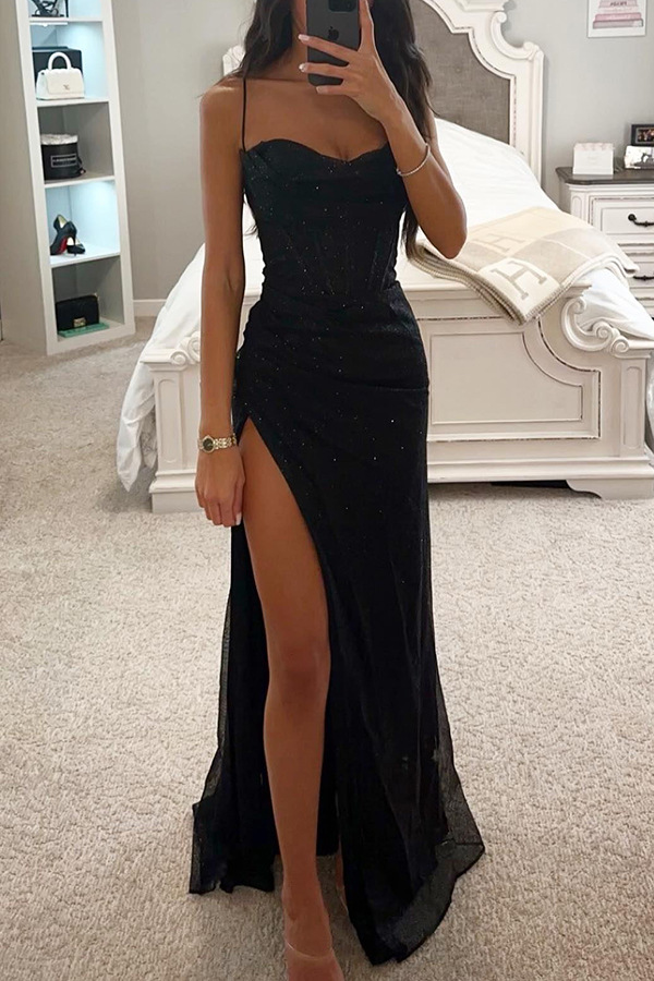 New party, fashionable suspender dress, loose solid color casual split women's dress