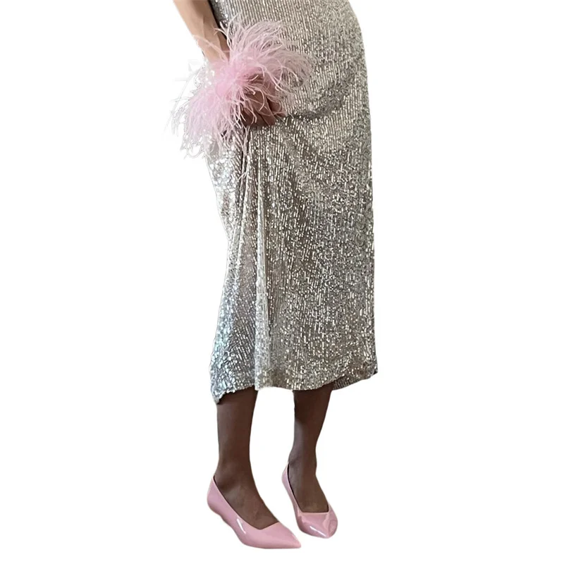 Sequin Long Skirts for Women Solid Color Elastic High Waist Skirt Fashion Elegant Ladies Evening Party Skirt Clubwear