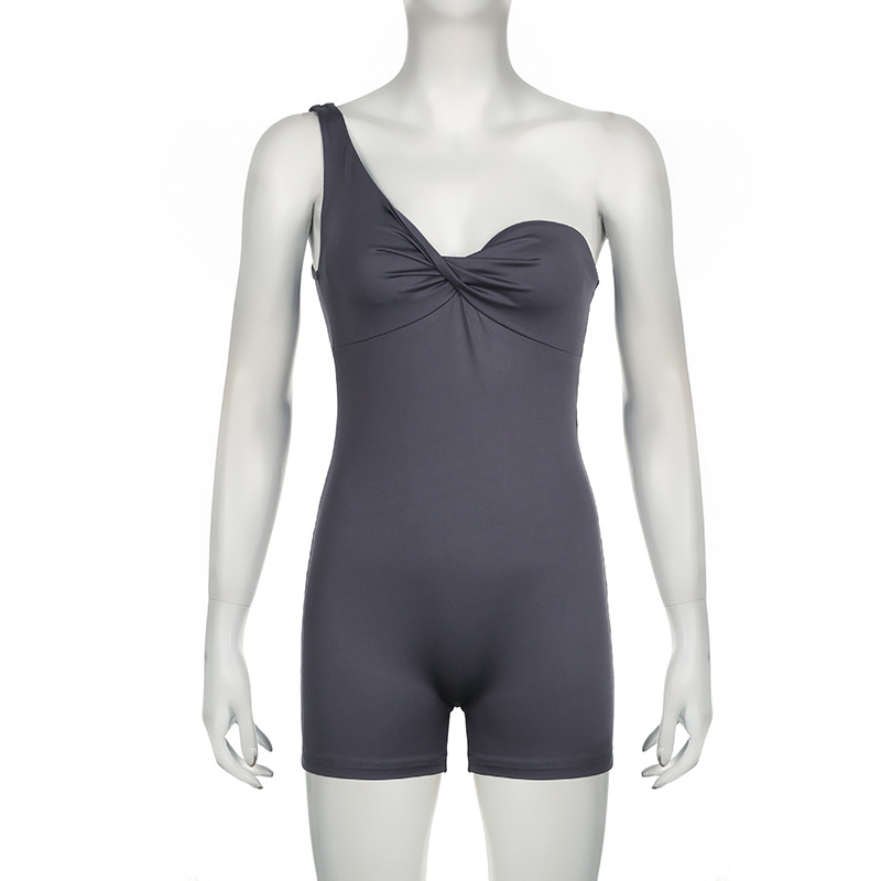 Summer Casual Women Solid Color One Shoulder Asymmetric Twist Knot Tube Top Sports Jumpsuit Fitness Yoga Shorts