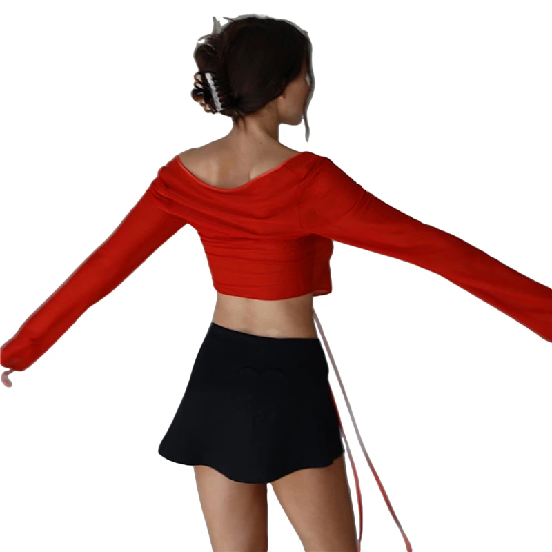 Vintage Aesthetic Crop Top Summer Women Mesh Long Sleeve T Shirt Lace Up Bandage Clothes y2k Clothes Casual Grunge Tees
