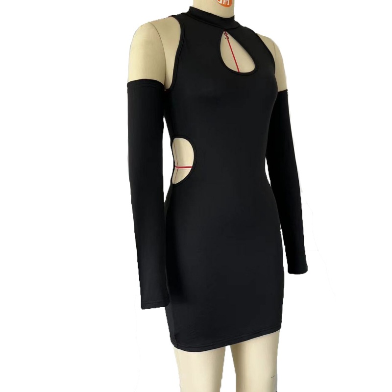 Autumn Winter Solid Color Sexy Cutout off Shoulder Halter Skinny Sheath Dress for Women