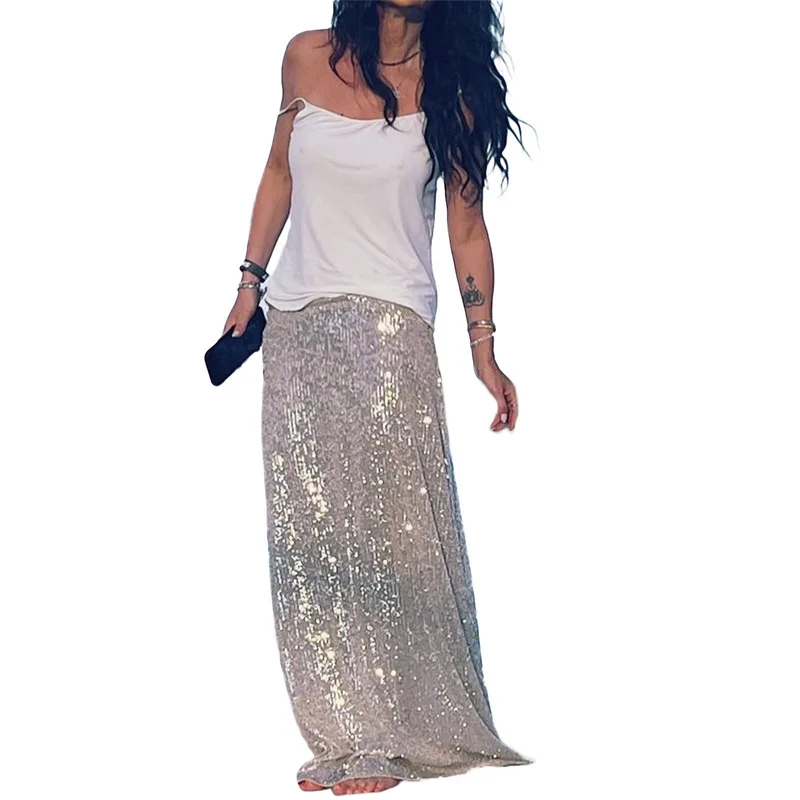 Sequin Long Skirts for Women Solid Color Elastic High Waist Skirt Fashion Elegant Ladies Evening Party Skirt Clubwear