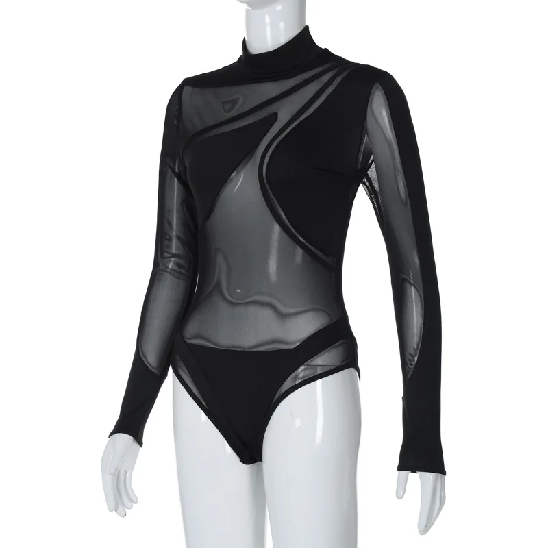 Patchwork Sexy Bodysuit Lingerie See Through Body Feminino Long Sleeve Tops Women One-Pieces Rave Outfit Lenceria Tranparente