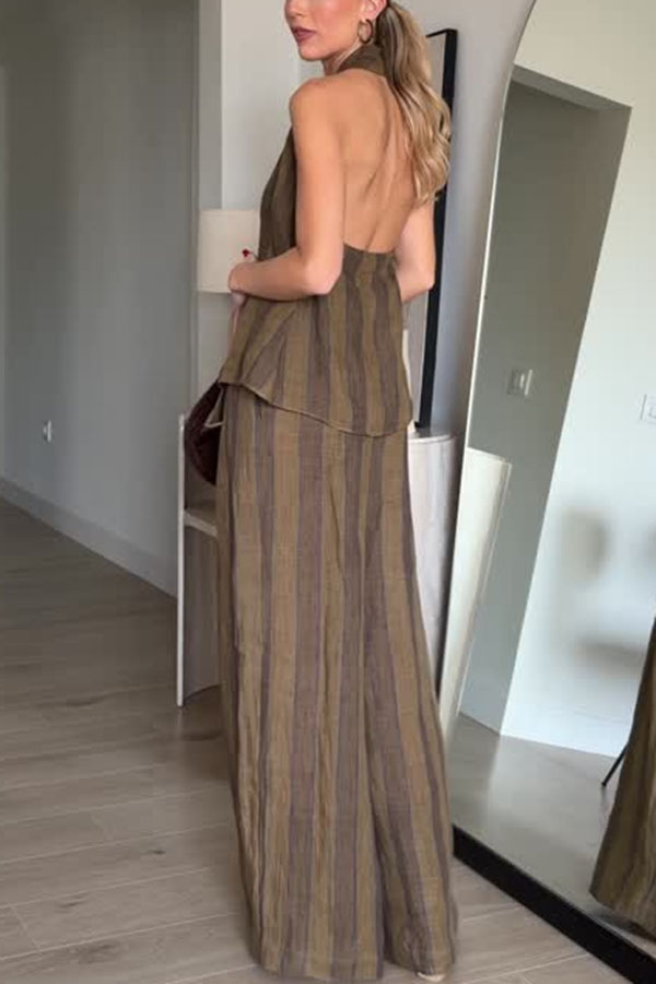 Aloof Style Striped Linen Blend Halter Vest and High Rise Button Pocket Wide Leg Pants Set