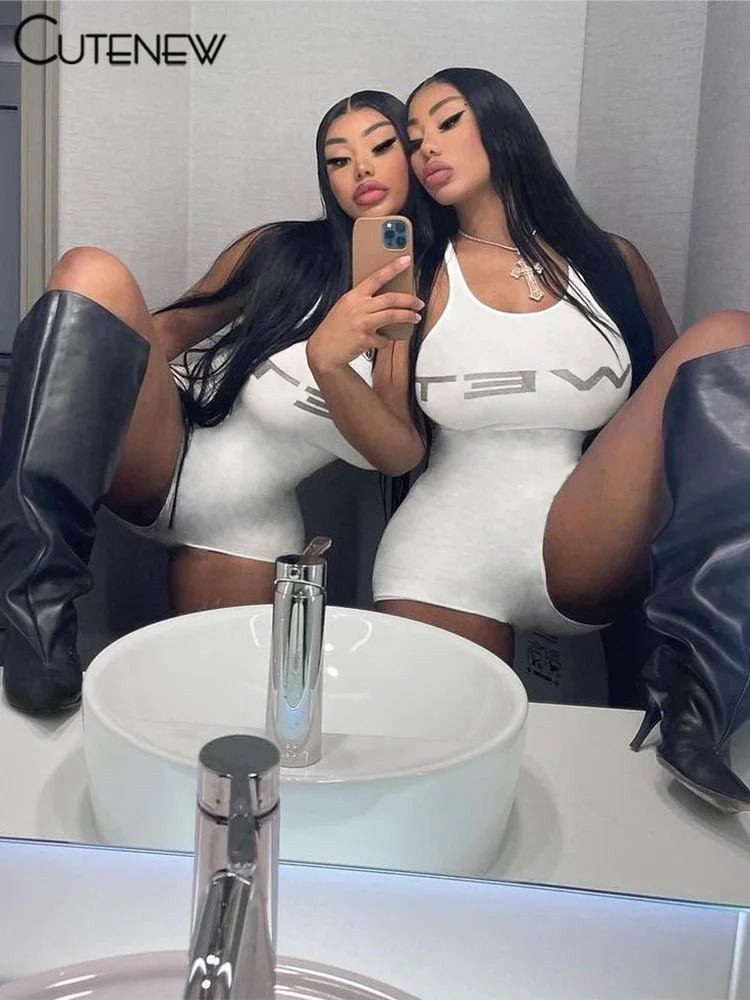 Letter Print Playsuits Women Concise Casual Summer Tank Style O-neck Slim Rompers Female Sporty Style Basic One Piece