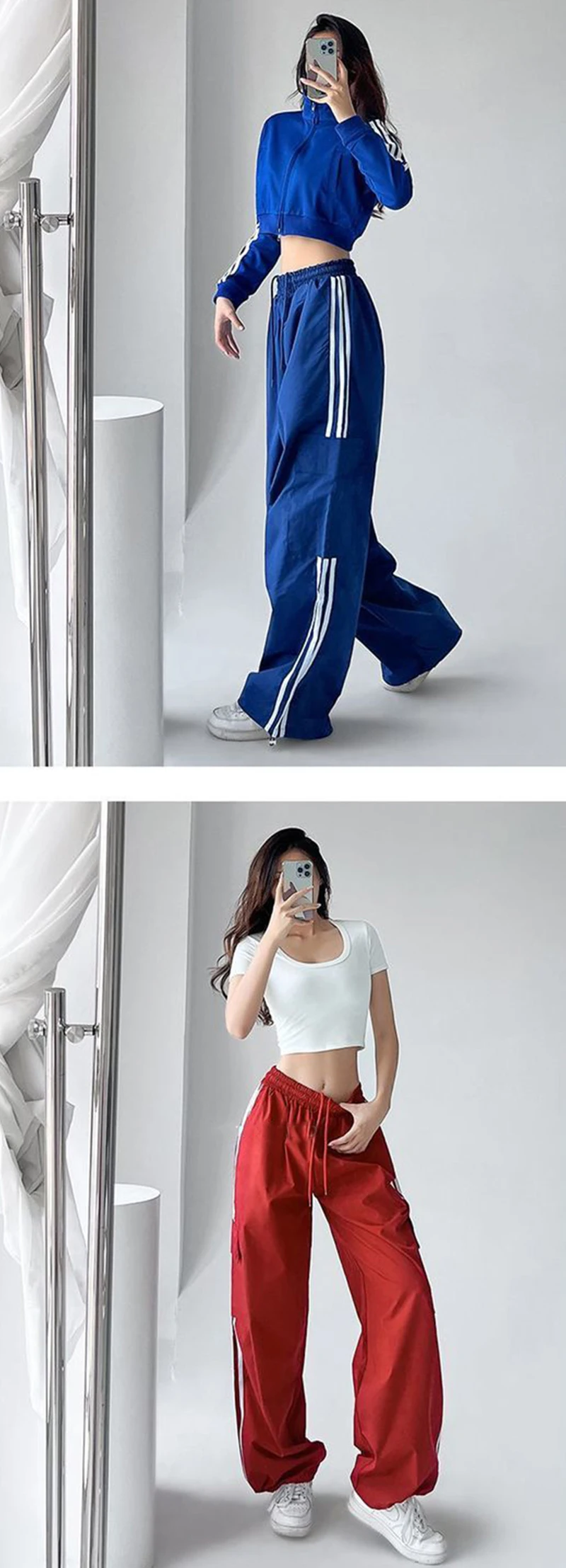 Striped Sweatpants Women Hip Hop Streetwear Baggy Wide Leg Cargo Pants Bf Y2K High Waist Drawstring Joggers Trousers