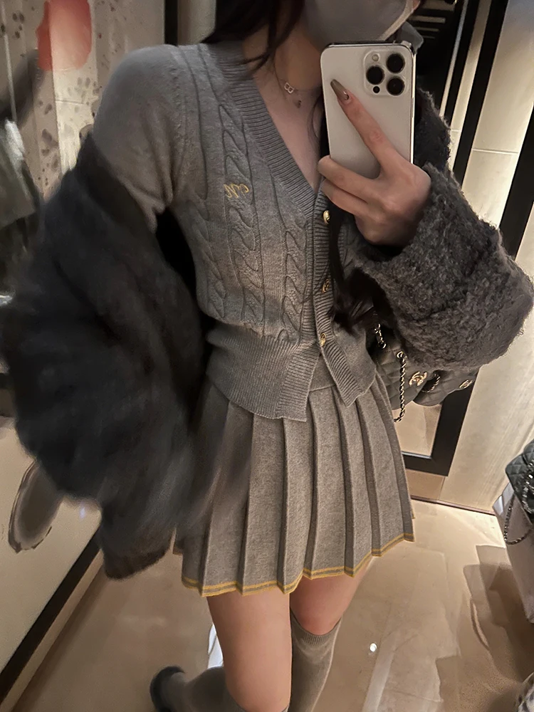 Autumn Knitted Two Piece Skirt Set Women Long Sleeve Single Breasted V-neck Top Mini Pleated Skirt Korean Chic Female Outfit New