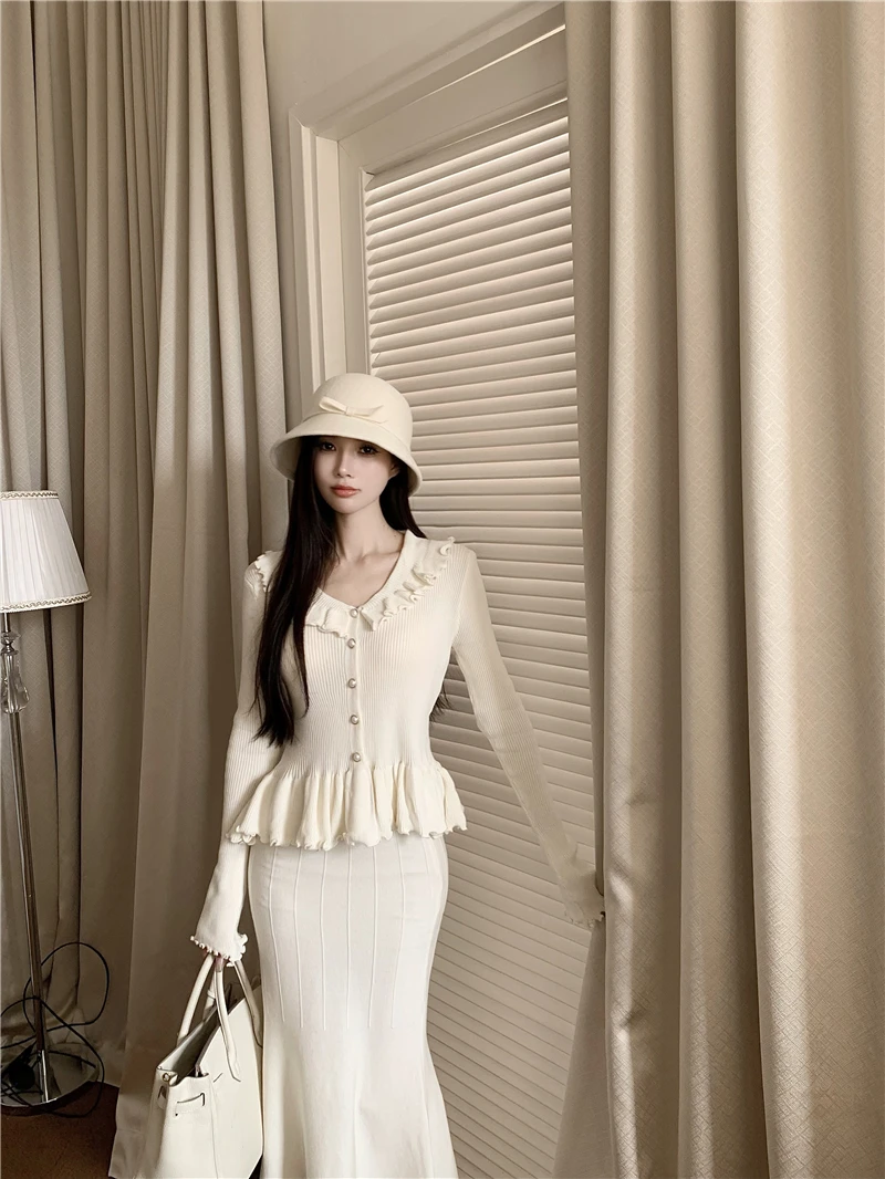 Autumn Winter Knitted 2-Piece Sets Women Ruffles Tops Bodycon Fishtail Skirt Slim Solid Knitwear Outfits Korean Fashion Suit