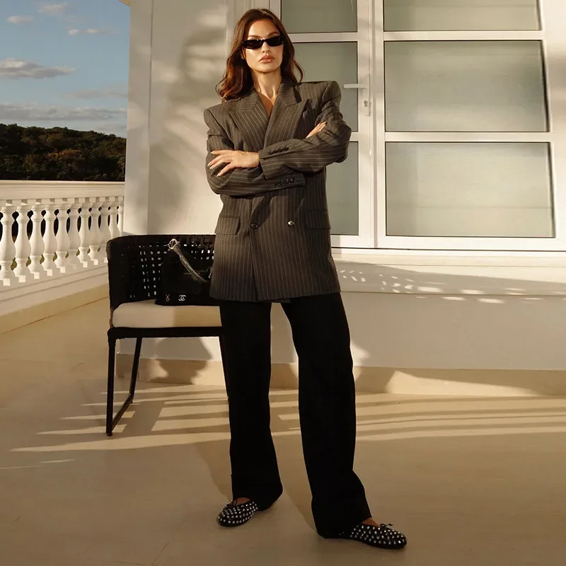 Striped Pant 2 Piece Set Women Double-breasted Full Sleeve Blazer Wide Leg Zipper Long Trousers Female 2025 Lady Commute Outfits