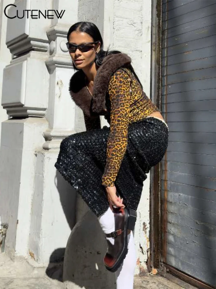 Feather Patchwork Women Tops Warmth New Leopard Printed Full Sleeve Bandage V-neck Slim Crop Tees Female Attactive Wear