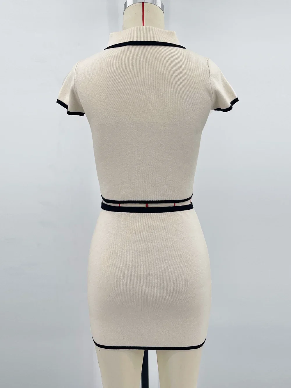 Contrast Color Knitted Mini Skirt Suit Women's Short Sleeve T-shirt Slim High Waisted Skirts Matching Sets Casual Fashion