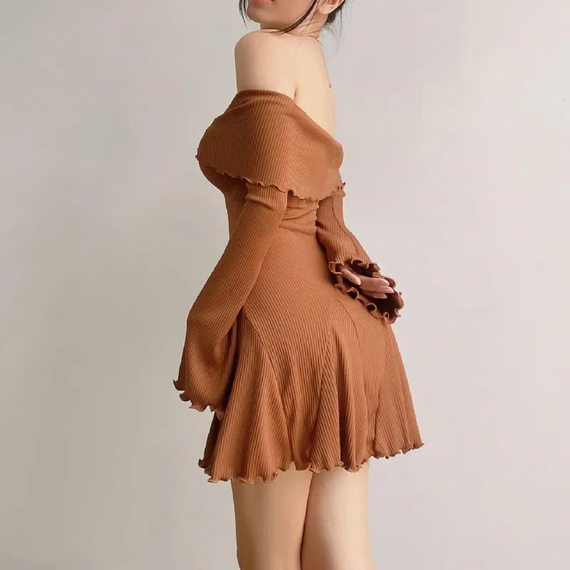 Black Knit Ruffled Mini Dress Women Patchwork Off-Shoulder Loose Slim Fashion Ribbed Dress Knitwear Clothes Female Dress