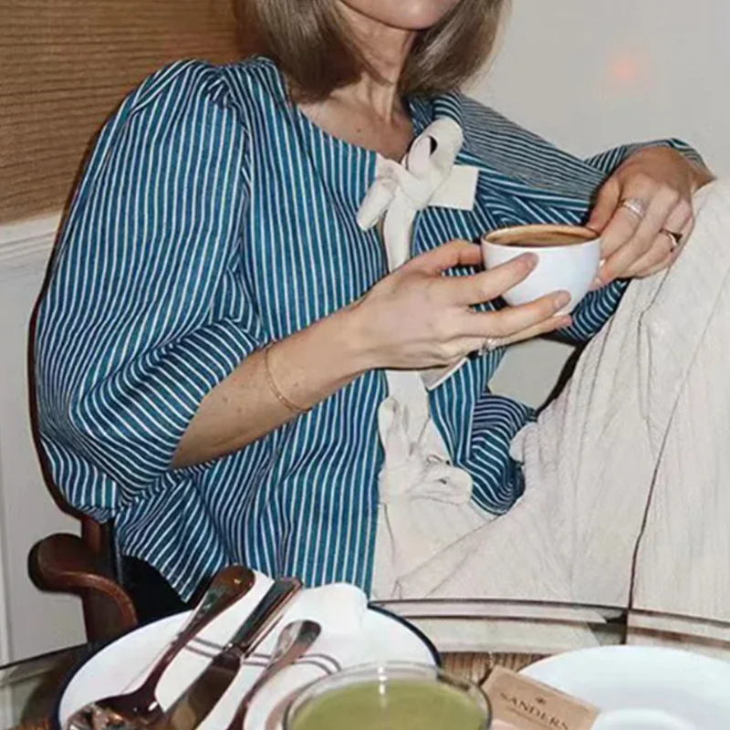 Peplum Shirt Women y2k Clothes Striped Round Neck Puff Half Sleeve Tie Front Blouse Elegant Ladies Clothes Streetwear