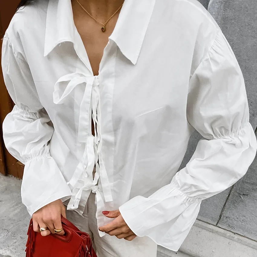 Chiffon Lace-Up Hollow Out Shirts Women's Lapel Patchwork Bandage Long Sleeve Fashion Blouse Top Female White Outwear