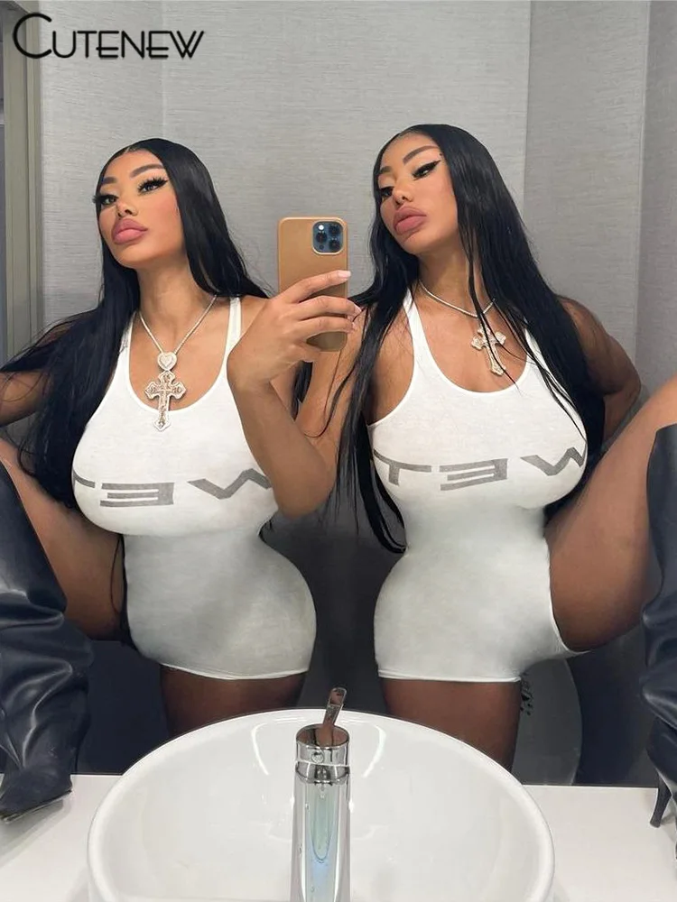 Letter Print Playsuits Women Concise Casual Summer Tank Style O-neck Slim Rompers Female Sporty Style Basic One Piece