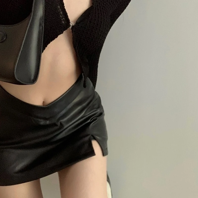 PU Leather Skirt y2k Clothes Women Solid Color Low Waist Side Slit A Line Mini Skirts Club Party Skirt Party Clubwear