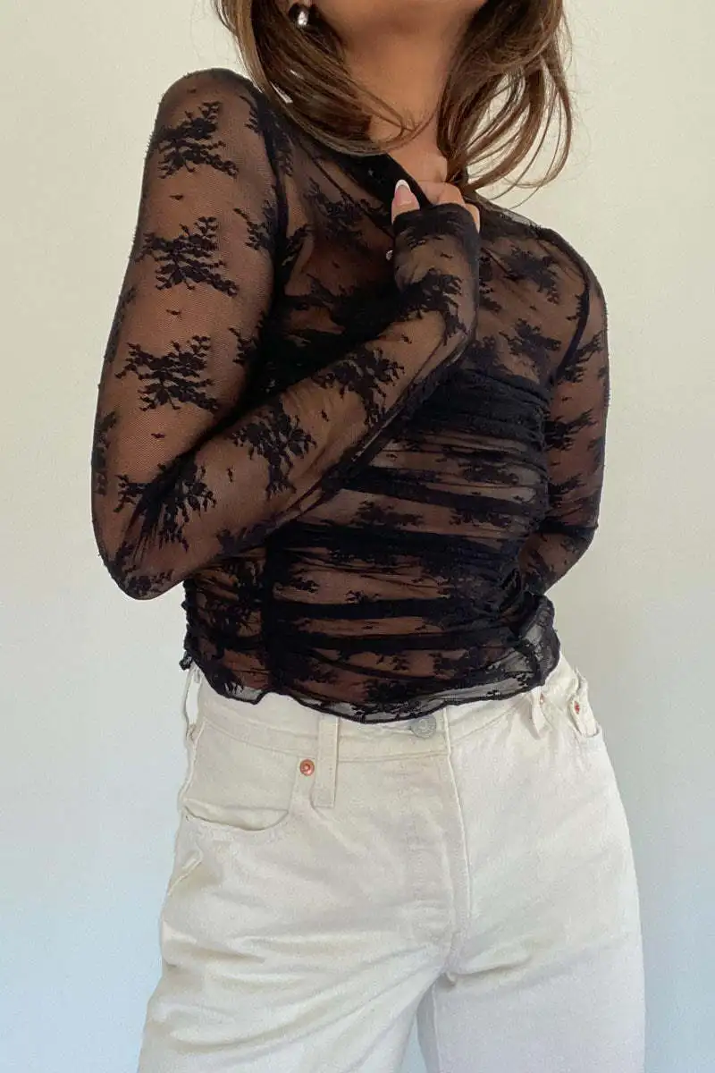See-Through Lace Mesh T-shirt For Women Long Sleeve Printed Fashion Sexy Summer Contrast Pullover Female Slim Tee Top