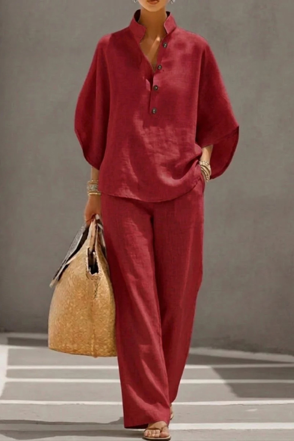 Linen Blend Solid Color Button-down Loose Top and Elastic Waist Pocket Casual Pants Set