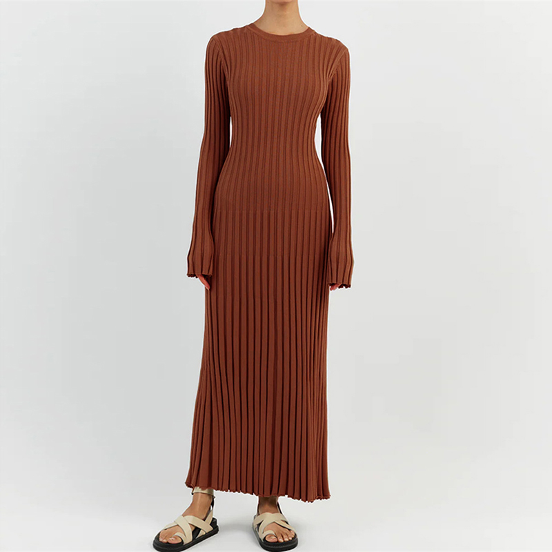 Women Elegant Ribbed Knit Full Sleeve Maxi Dress Crew Neck Bodycon Pencil Long Dress Tie Waist Dress 90s Vintage Streetwear