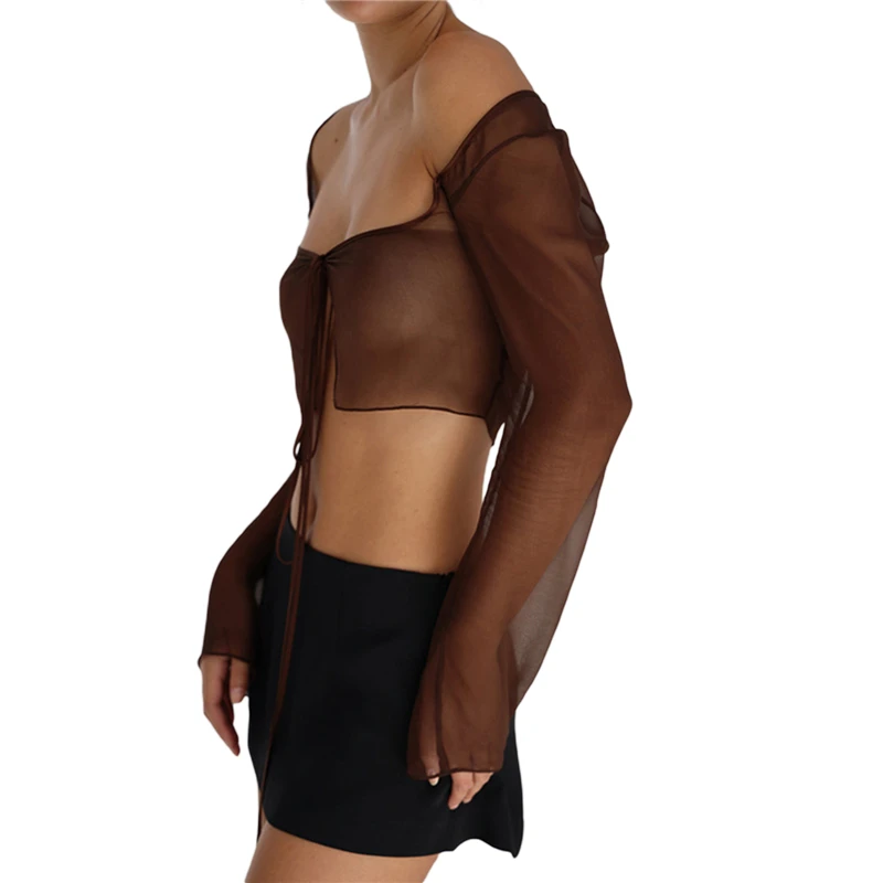 Vintage Aesthetic Crop Top Summer Women Mesh Long Sleeve T Shirt Lace Up Bandage Clothes y2k Clothes Casual Grunge Tees