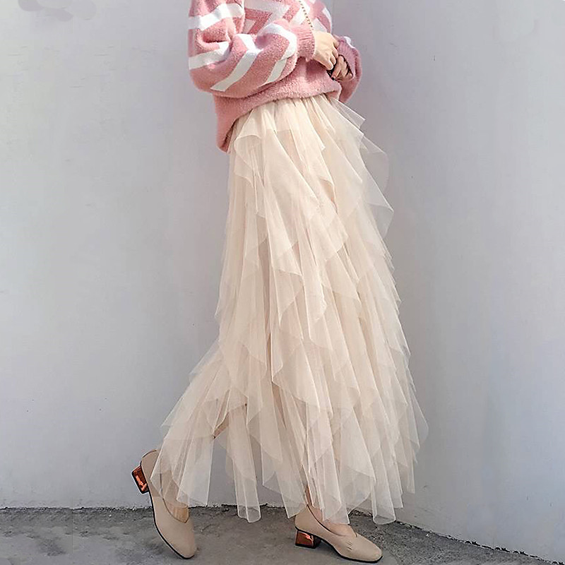 Autumn Winter Vintage Layered Tulle Skirt Women Elastic High Waist Mesh Skirts Long Pleated Tutu Skirt Jupe Longue