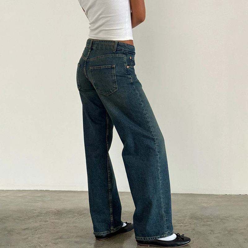 Women Y2K Wide Leg Denim Pants Baggy Low Waist Boyfriend Jeans Casual Vintage Loose Fit Jeans Trousers Cyber Grunge Streetwear