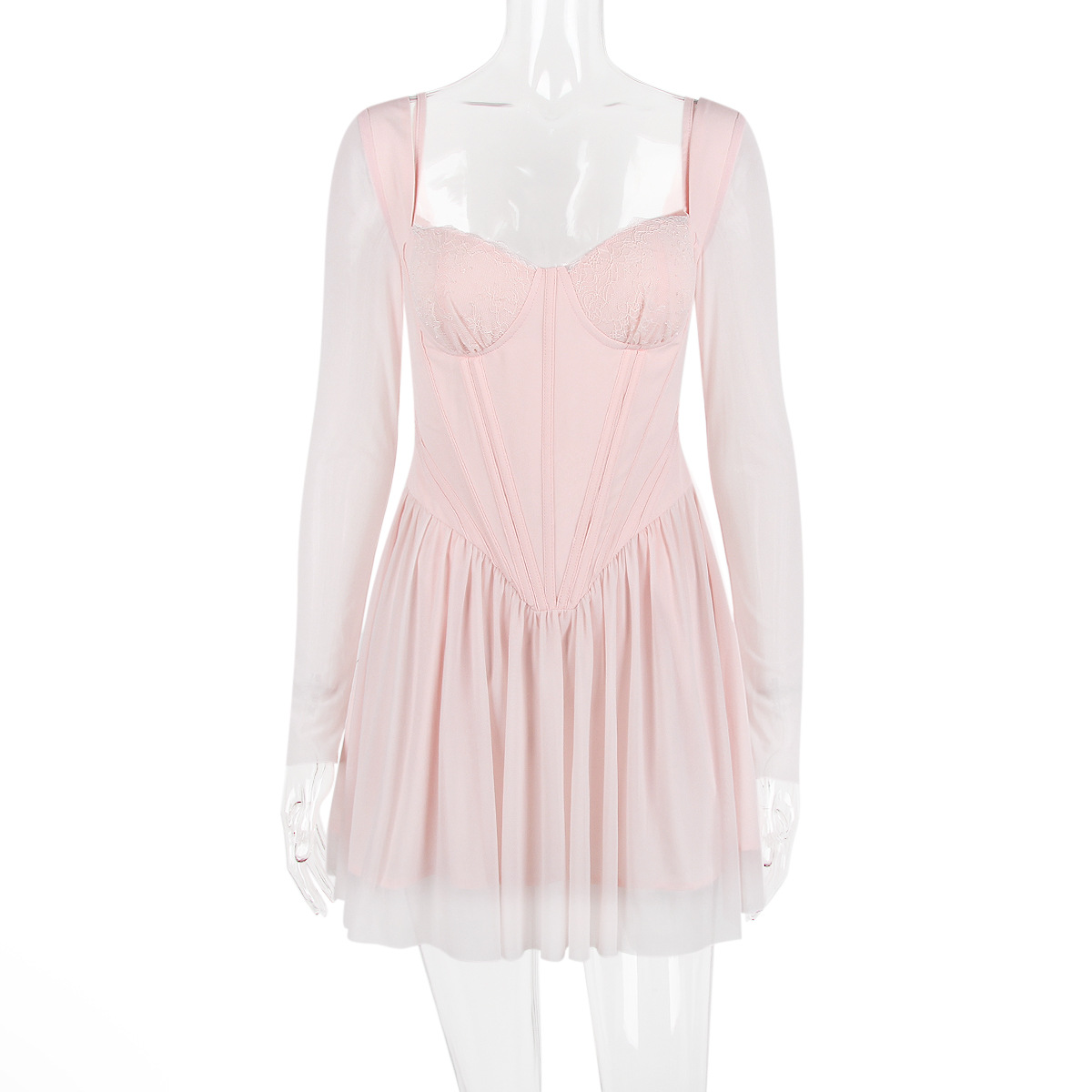 Women Clothing Mesh Long Sleeve Lace Stitching Boning Corset French Dress Barbie Cos Pink
