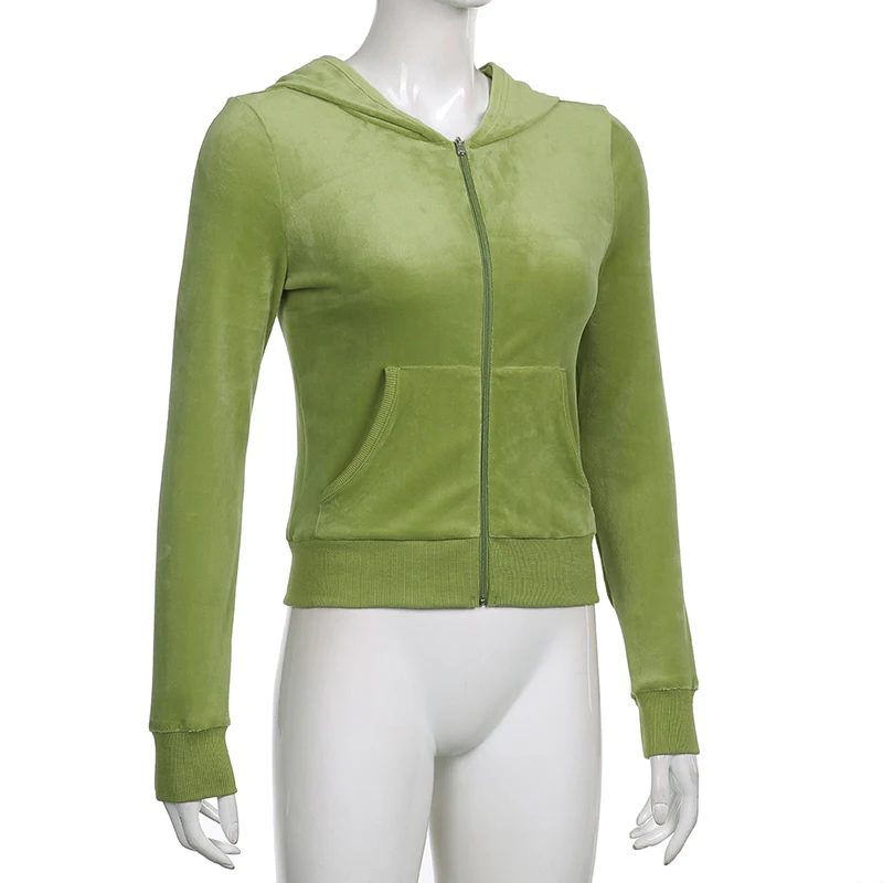 Casual Velvet Crop Top Winter Jacket Women Green Pink Zip Up Hoodies Coats Ladies Fashion Skinny Overcoat Streetwear