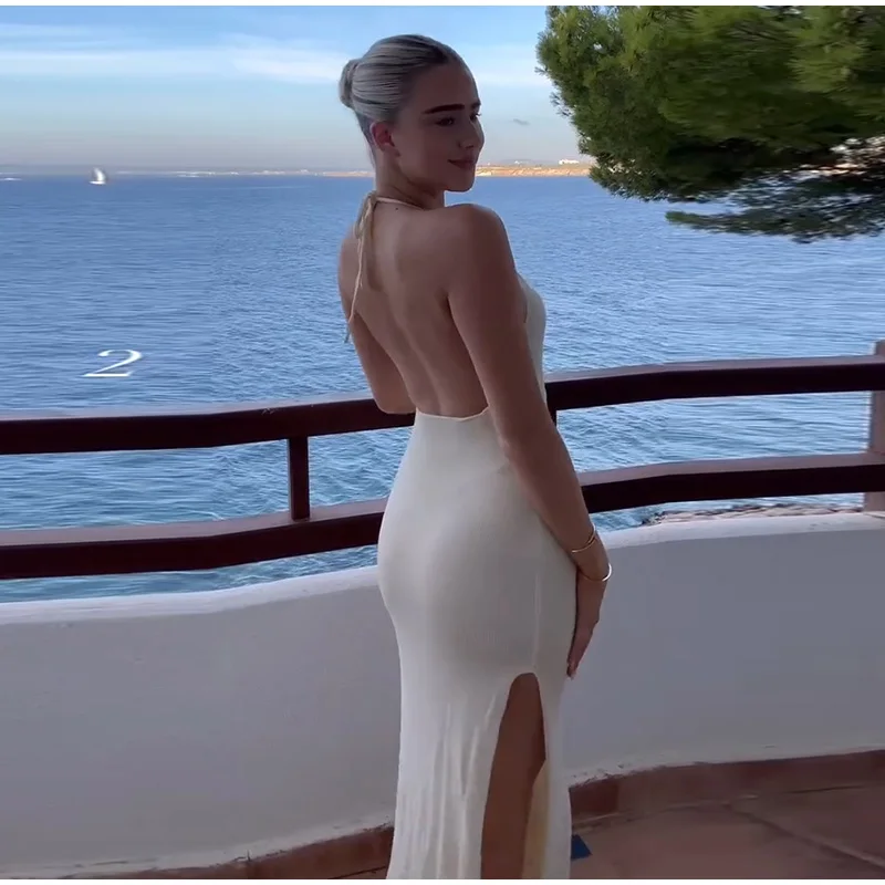 Women Knit Halter Maxi Dress Backless Lace Up V Neck Cutout Bodycon Long Dresses 2025 Summer Vacation Party Holiday Robes New
