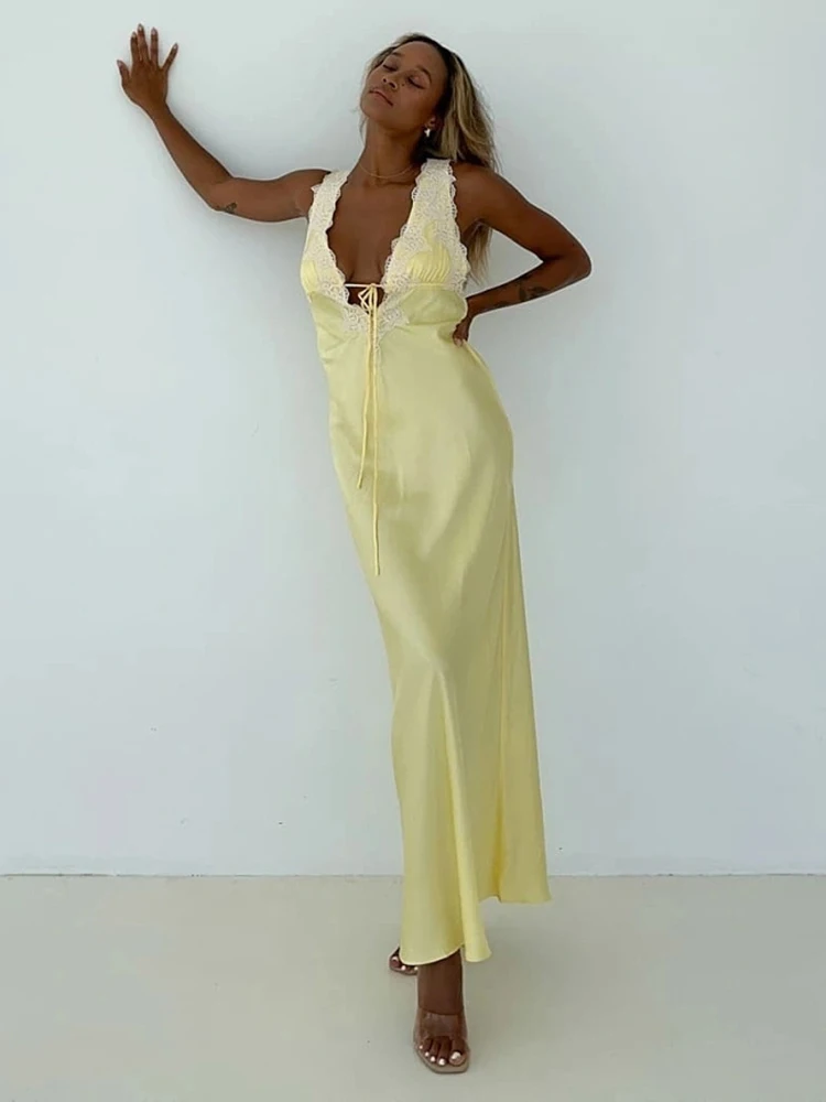 Sexy Lace Camisole Open Back Dress For Women Satin Lace Up Bodycon Long Dress Female Elegant Party Club Evening Dress