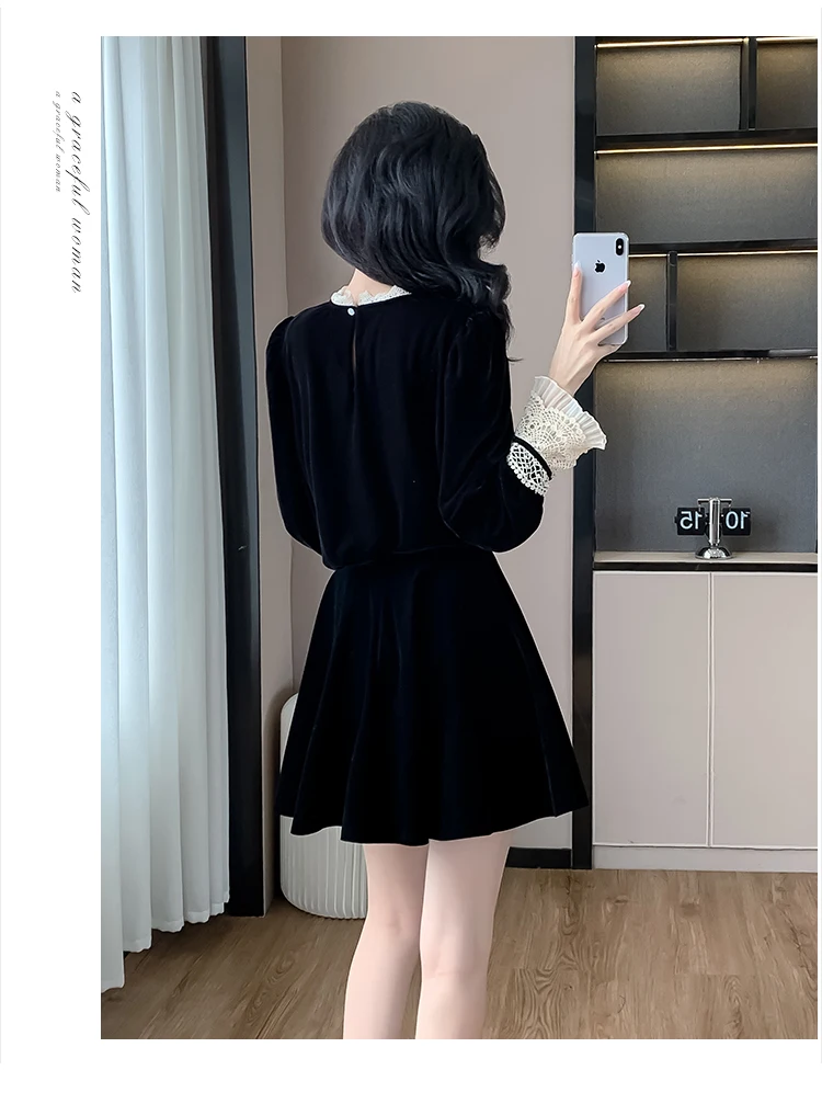 Autumn Elegant Velvet Two-piece Skirt Set Women Long Sleeve Lace Patchwork Crop Top Mini Skirt Korean Fashion Y2K Chic Outfits
