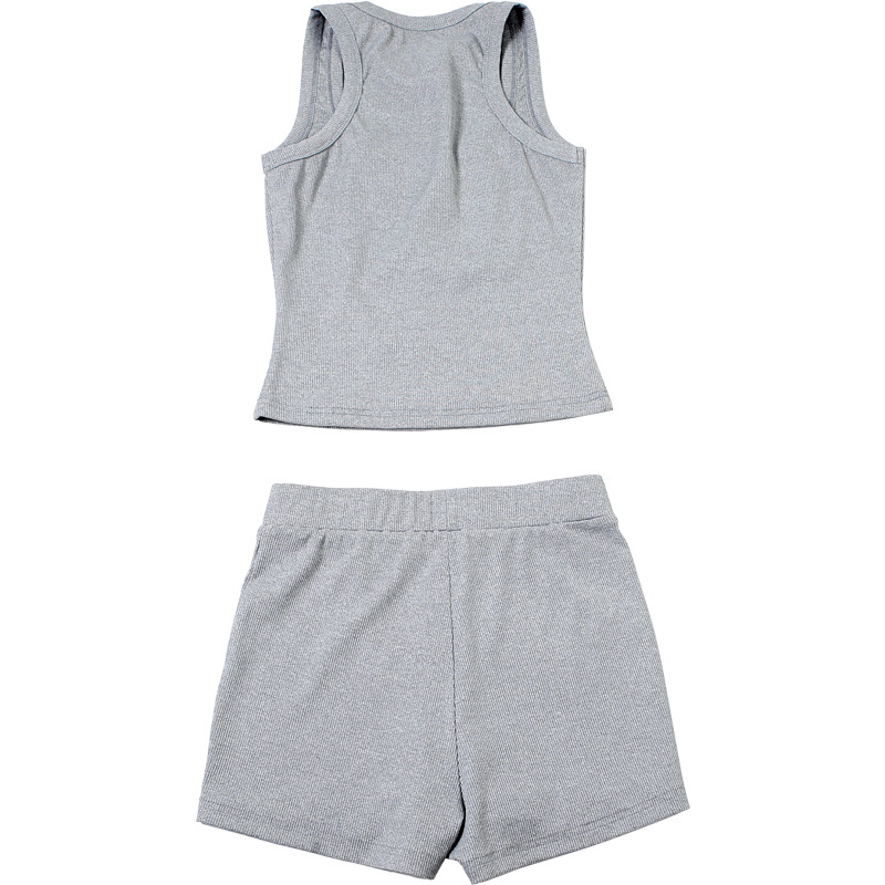 Women Clothing Autumn Casual Round Neck Solid Color Slim Fit I Shape Vest High Waist Shorts Suit