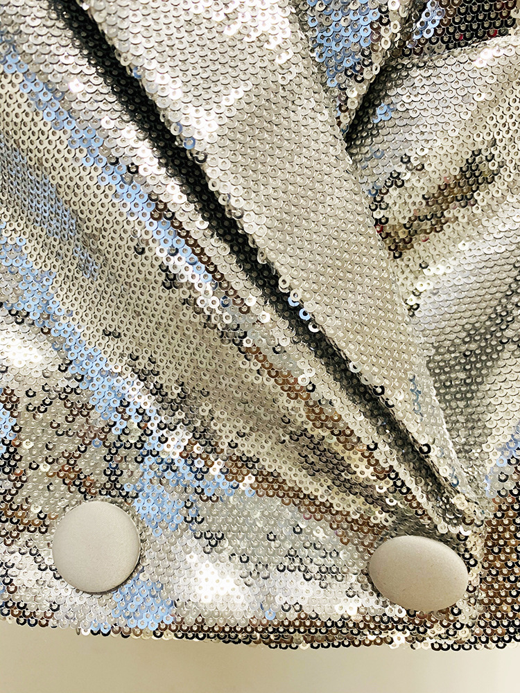 Metallic Coated Fabric Goods Personality Bling Bling Shiny Sequ Short Suit Mid Length Skirt Set Two Piece Set