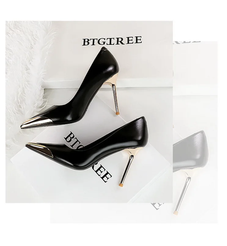Shoes Retro High Heels Metal Pointed Tip Women Pumps Stiletto 9.5 Cm And 4.5cm Heels Sexy Party Shoes Office Shoes