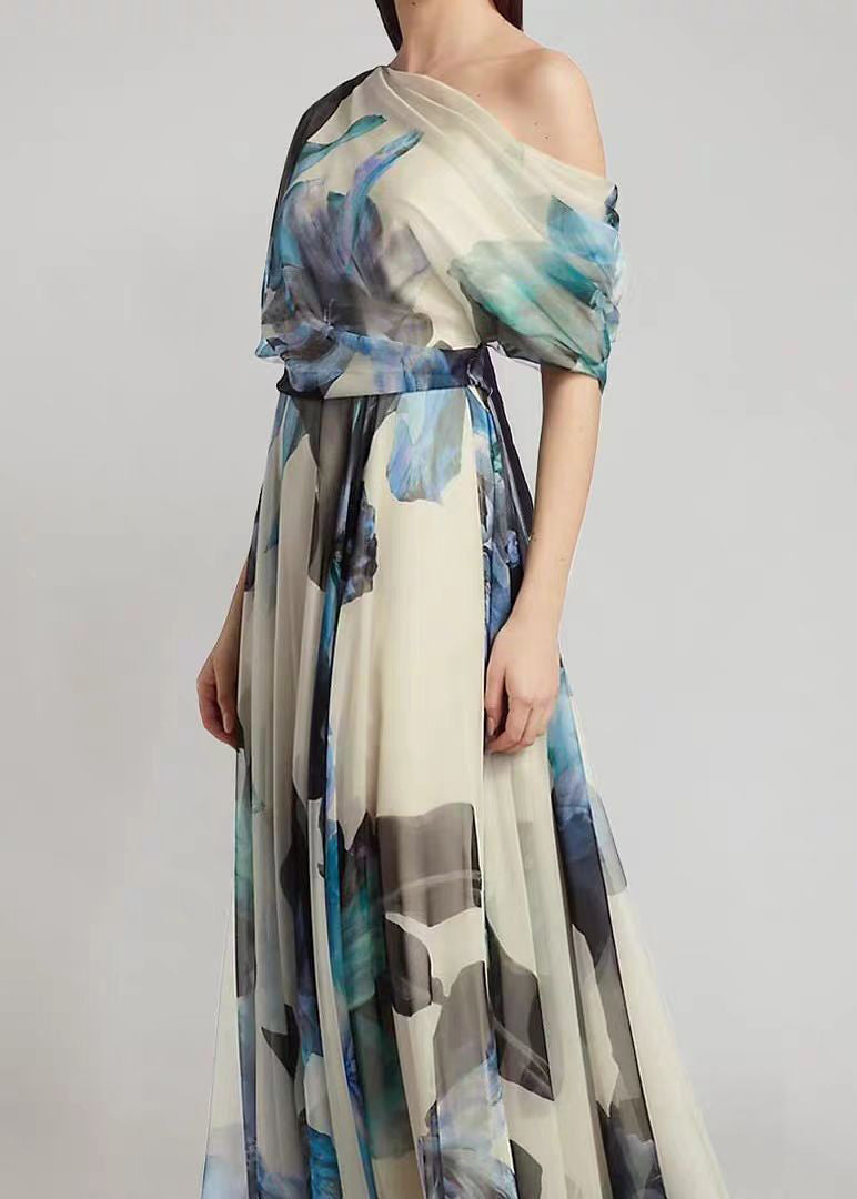 Ladies' French Sky Blue Asymmetric Printed Chiffon Long Skirt Summer