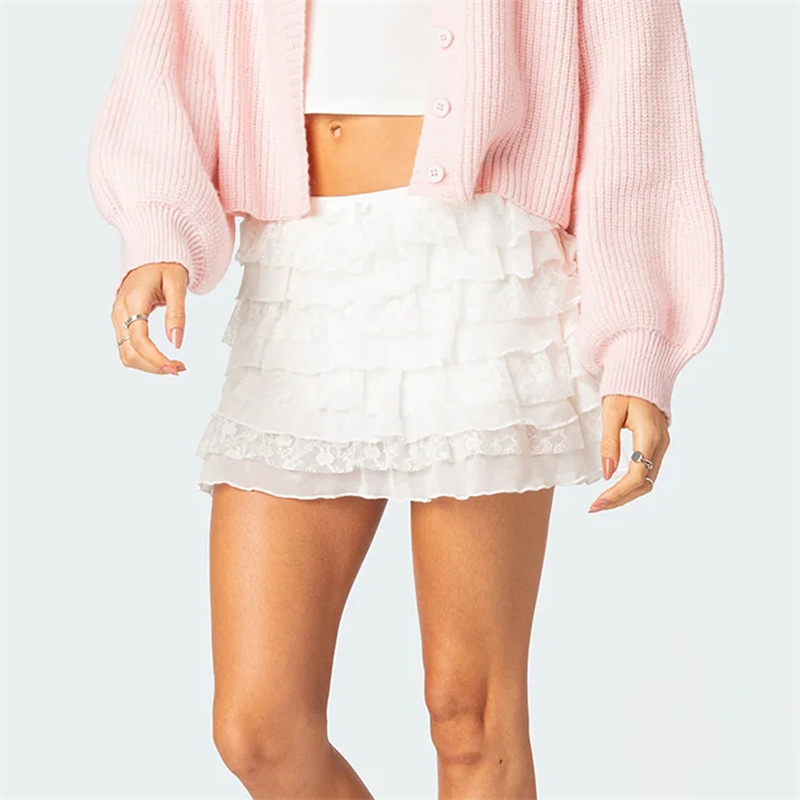 Ruffle Lace Skirt 2000s Women Solid Color Elastic Waist Layered Pleated A Line Short Skirt y2k Clothing Streetwear