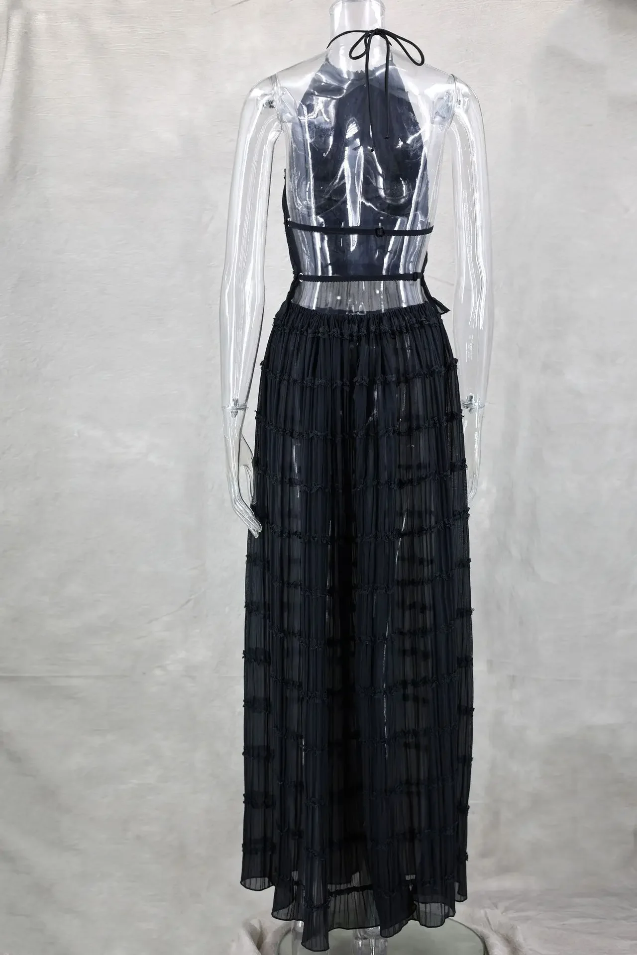 Bandage Fashion 2 Piece-Set Maxi Skirt Female Ruffled Summer Lace Elegant Streetwear Halter Top And Long Skirt Women Sets