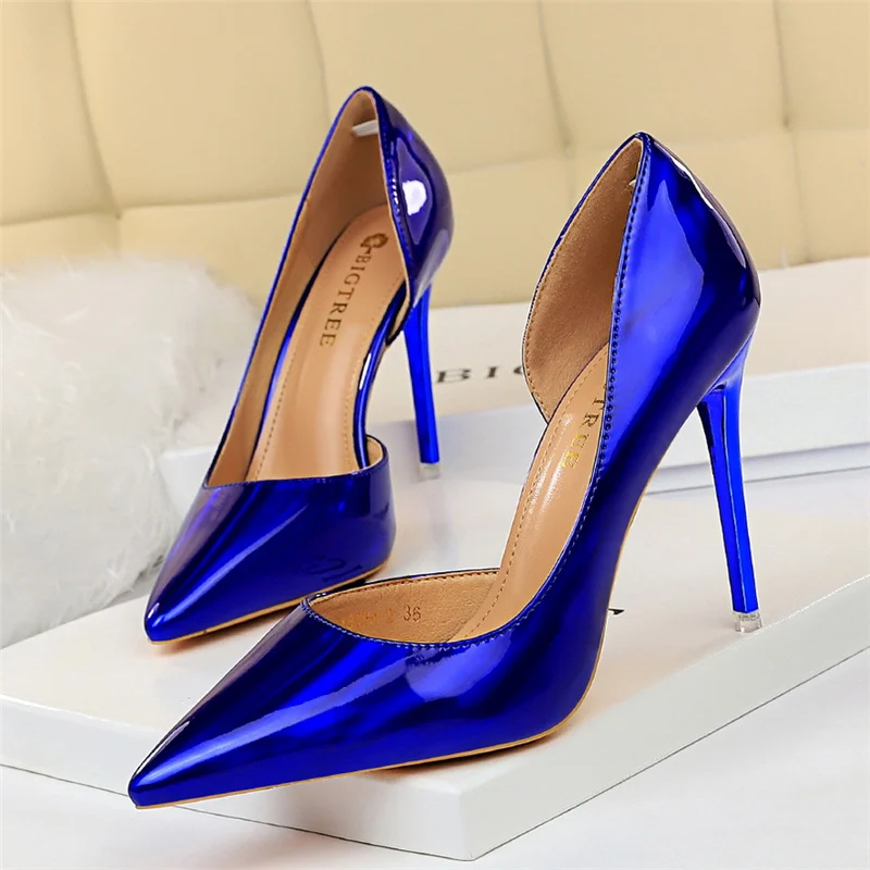 Women 10.5cm High Heels Blue Green Valentine Pumps Luxury Glossy Stripper Stiletto Wedding Bridal Fetish Shoes Plus Size 43