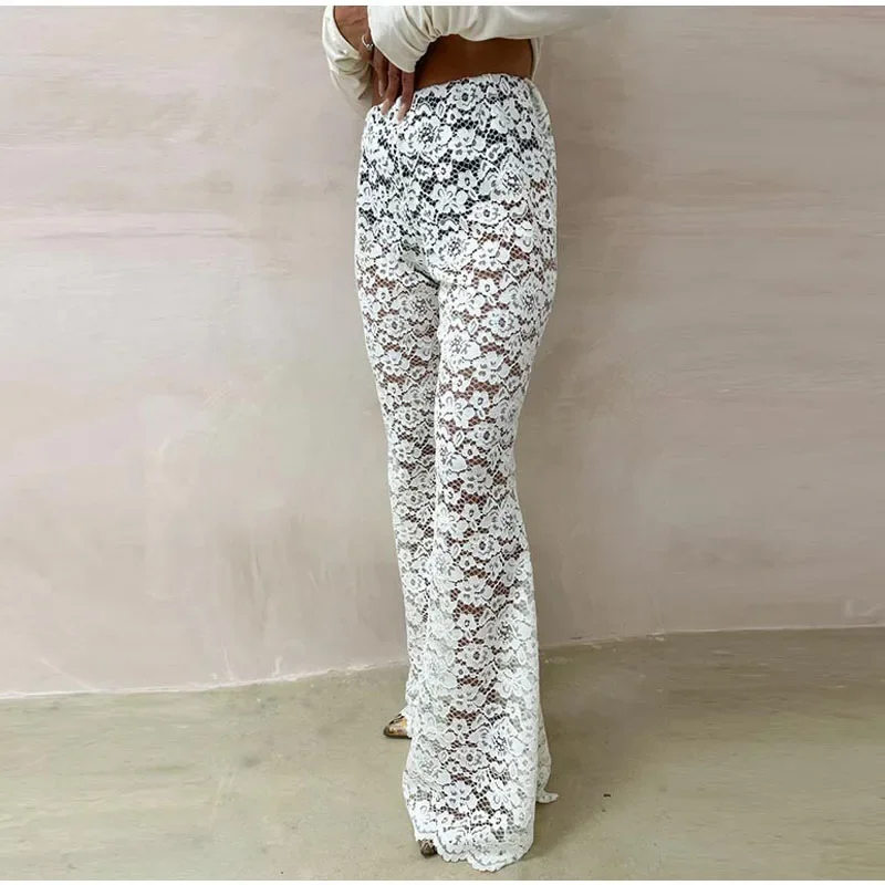 Sexy Lace Sheer Flare Pant Women Hollow Out Lady Vacation Long Trousers Female 2025 Spring Elastic High Waist Streetwear New