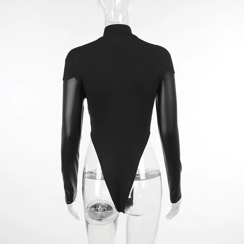 Long Sleeve Bodycon Lenceria Femenina Turtleneck Lingerie Sexy Body Feminino Black Tops Women PU Patchwork One-Pieces Bodysuit