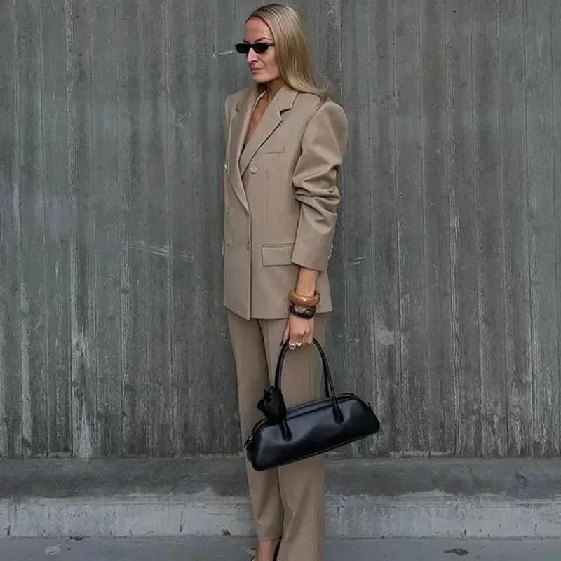 Striped Pant 2 Piece Set Women Double-breasted Full Sleeve Blazer Wide Leg Zipper Long Trousers Female 2025 Lady Commute Outfits