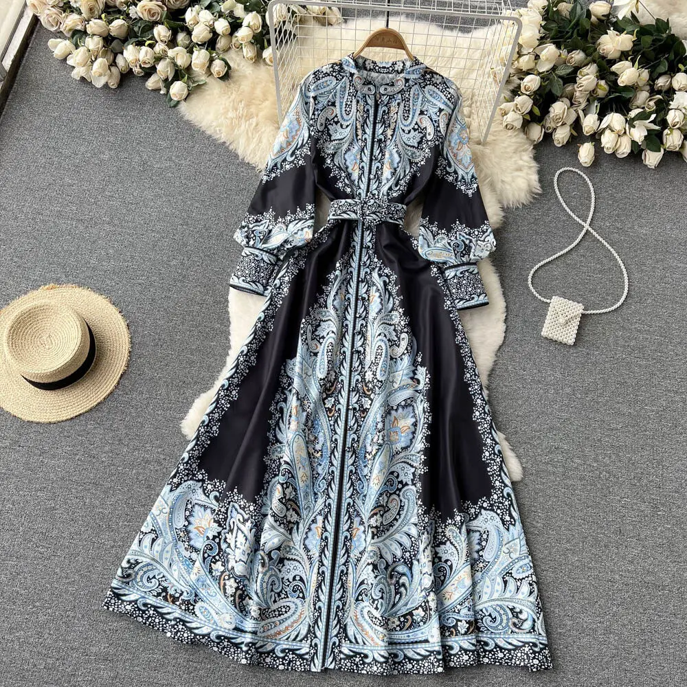 New Women Vintage Party Dress Fashion Long Sleeve Single Breasted Stand Collar Elegant Printed Long Dresses Spring Autumn Robe