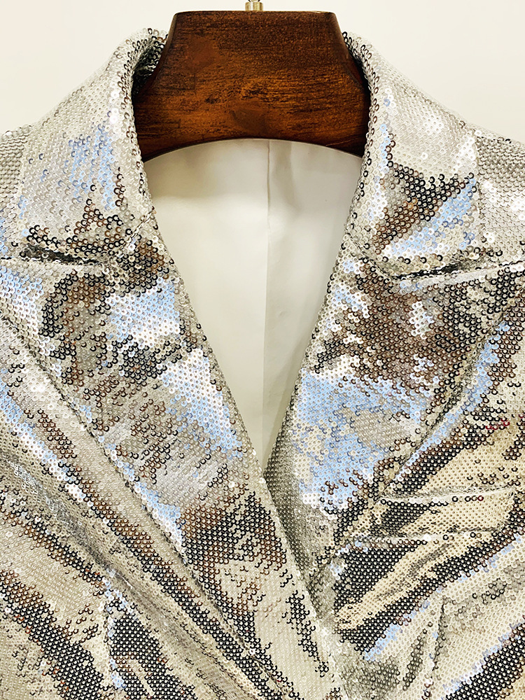 Metallic Coated Fabric Goods Personality Bling Bling Shiny Sequ Short Suit Mid Length Skirt Set Two Piece Set