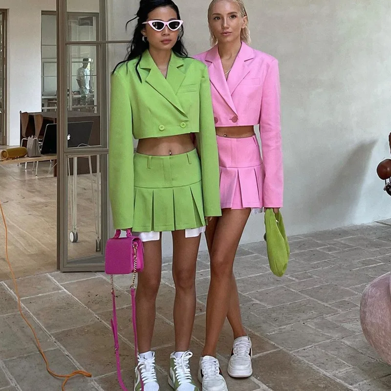 2025 Fall Women Blazer Suit Two Piece Sets Turn-down Collar Blazers Tops And Pleated Skirts Femme High Street Y2K Outfits